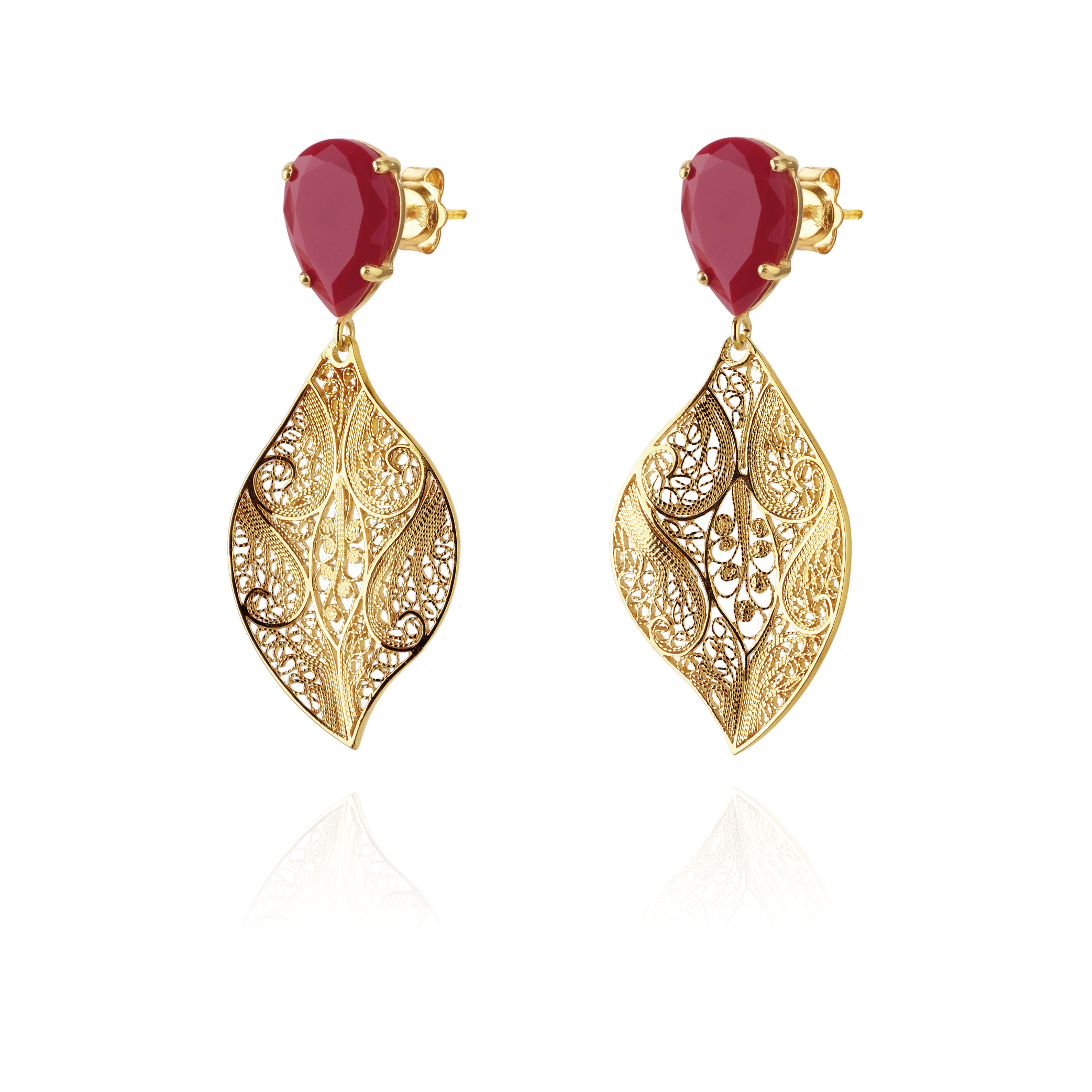 Joalharia do Carmo Brincos Folha e Pedra Gota de Cor Bordeaux