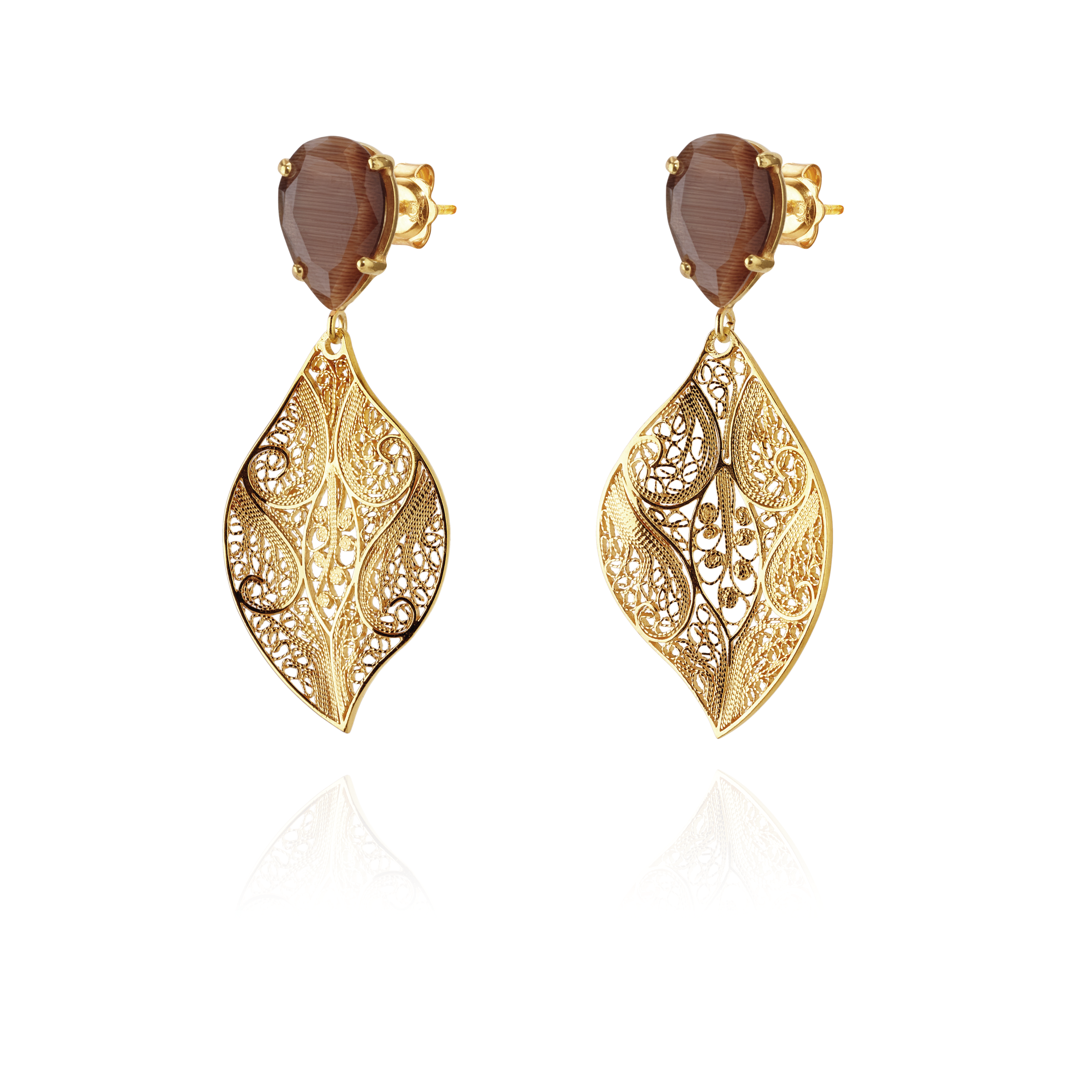 Joalharia do Carmo Brincos Folha e Pedra Gota de Cor Castanho