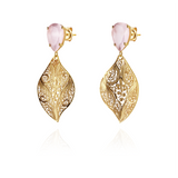 Joalharia do Carmo Brincos Folha e Pedra Gota de Cor Rosa