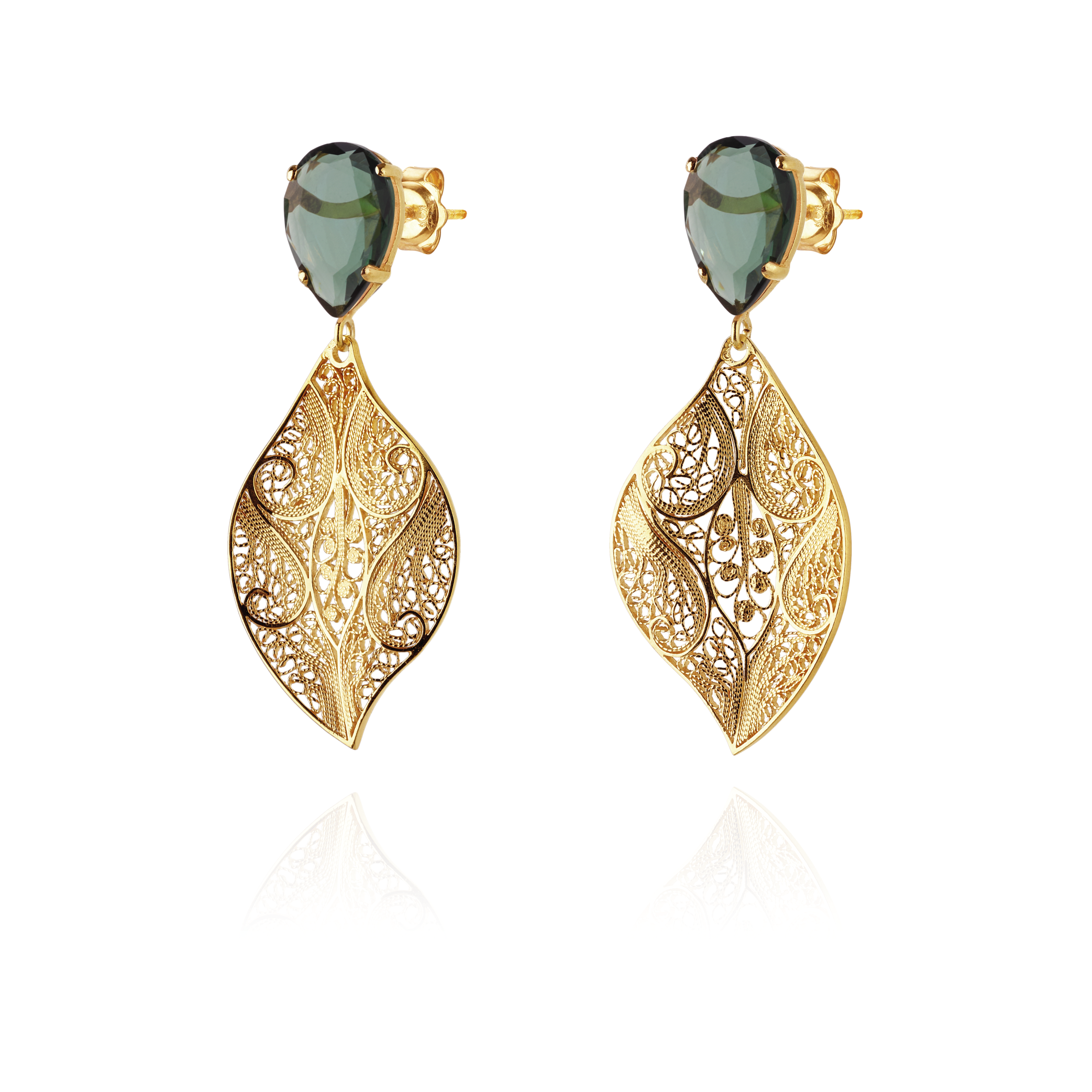 Joalharia do Carmo Brincos Folha e Pedra Gota de Cor Verde