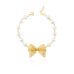 Joalharia do Carmo Pulseira de Pérolas com Laço em Prata Dourada