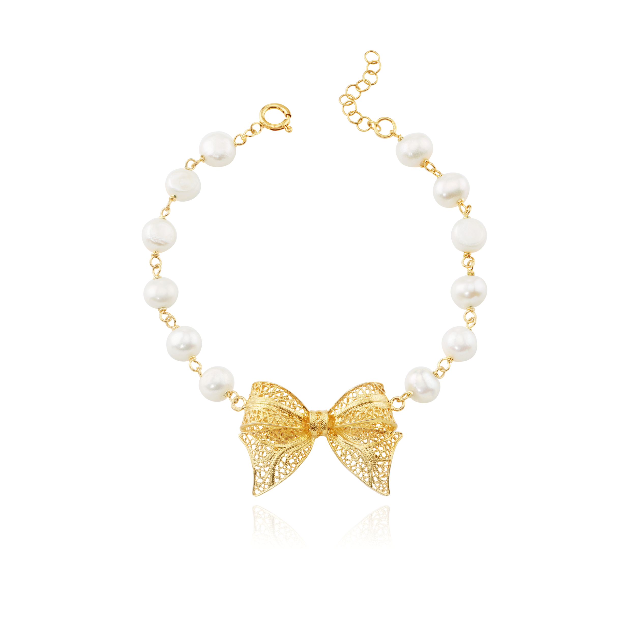 Joalharia do Carmo Pulseira de Pérolas com Laço em Prata Dourada