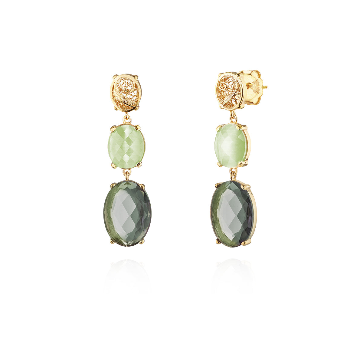 Pendientes con 2 piedras ovaladas de filigrana, oro