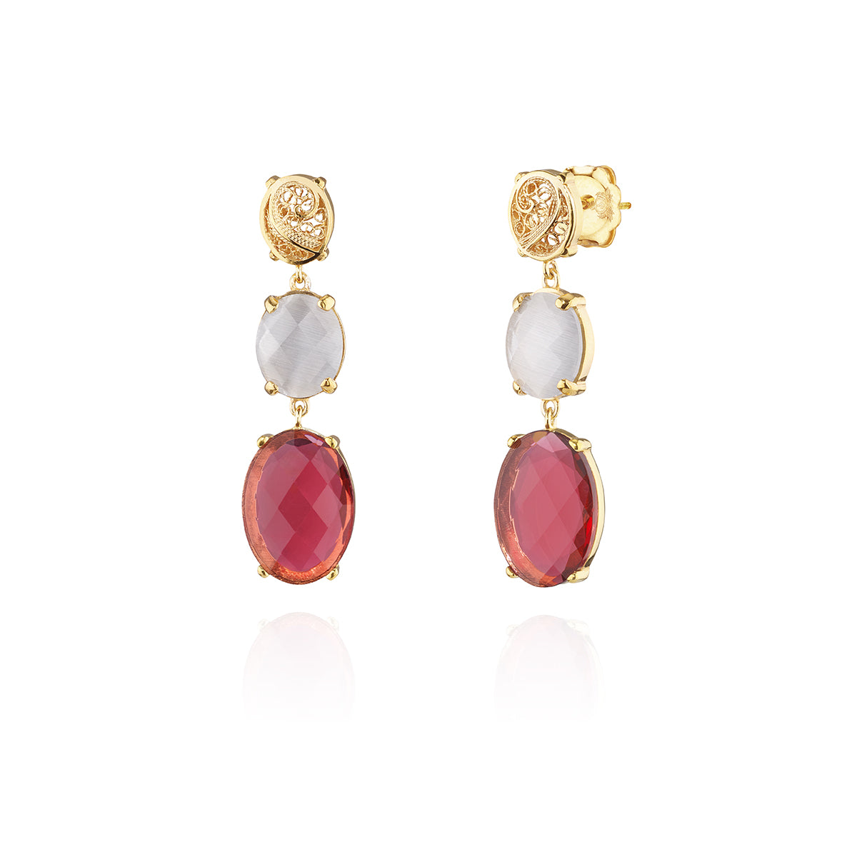 Brincos 2 Pedras Ovais Filigrana Dourado