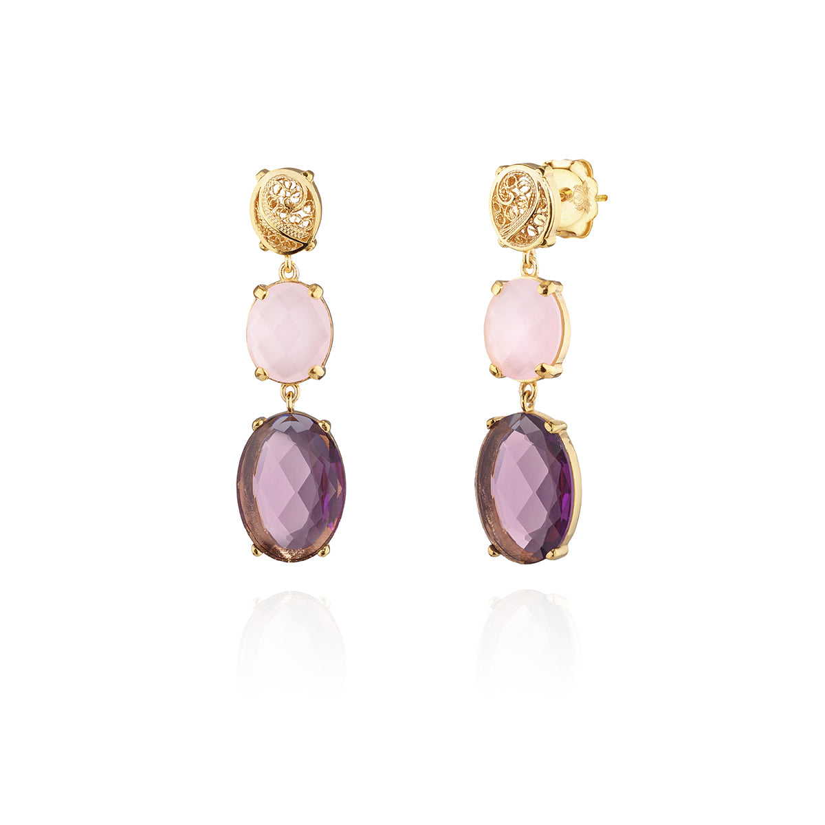 Brincos 2 Pedras Ovais Filigrana Dourado