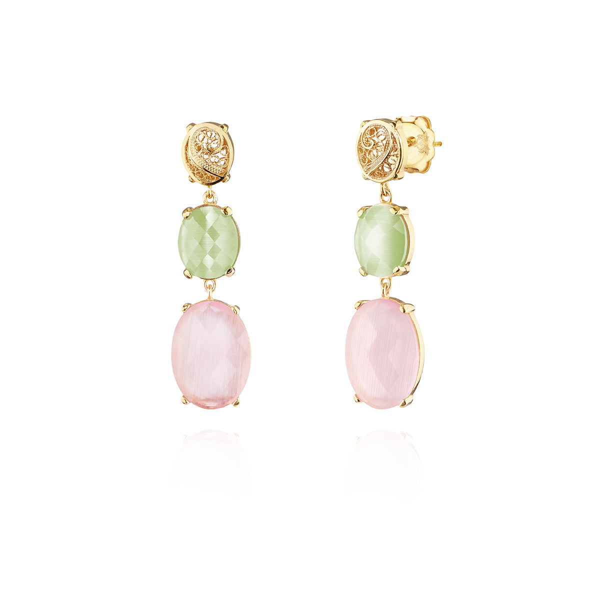 Pendientes con 2 piedras ovaladas de filigrana, oro