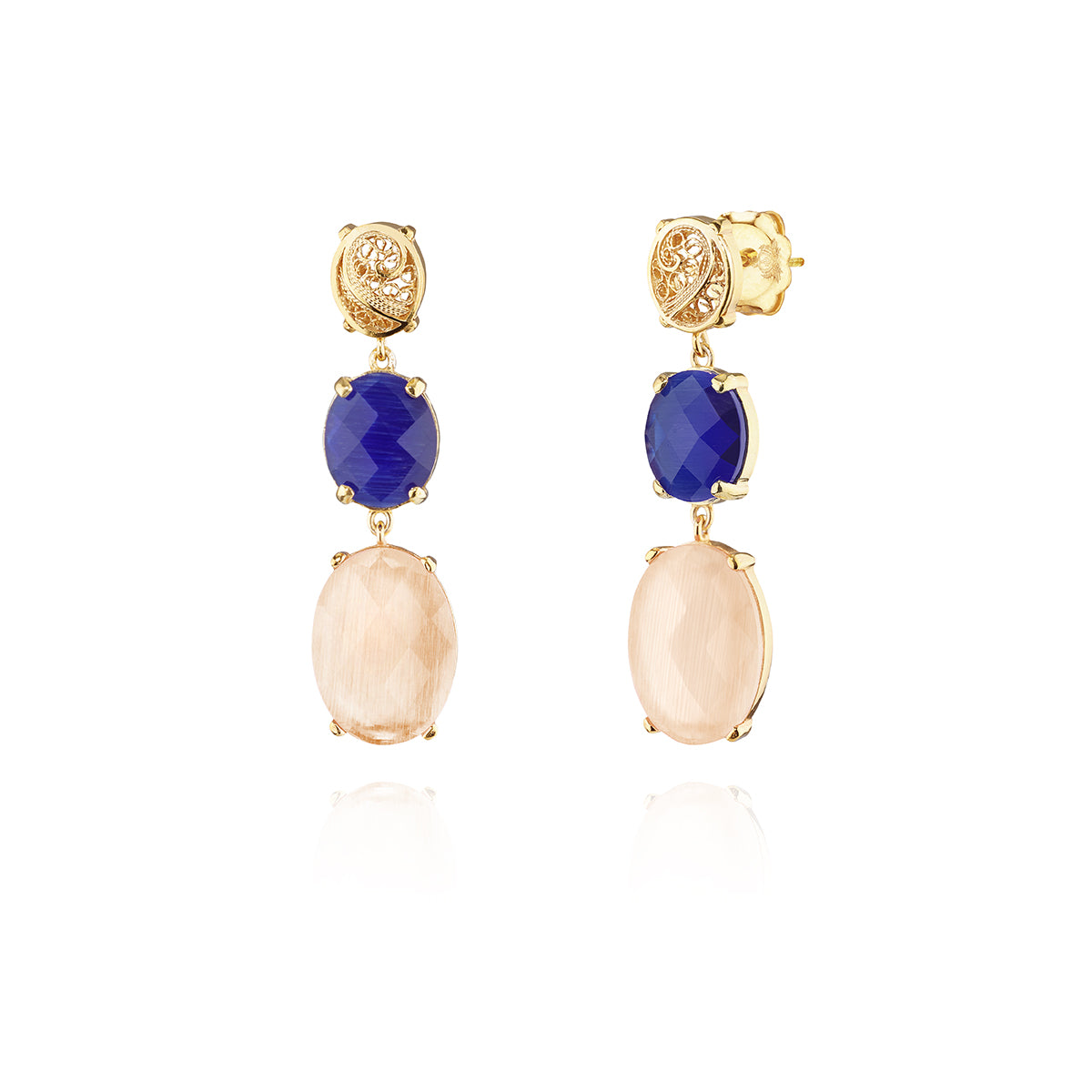 Pendientes con 2 piedras ovaladas de filigrana, oro