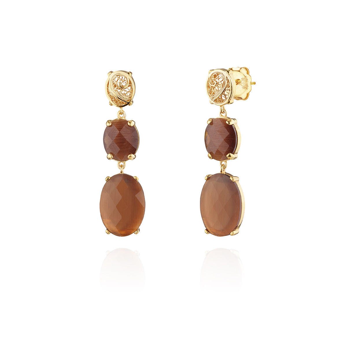 Pendientes con 2 piedras ovaladas de filigrana, oro
