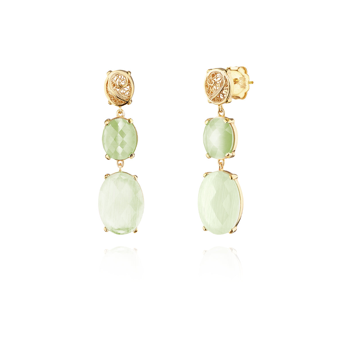 Pendientes con 2 piedras ovaladas de filigrana, oro
