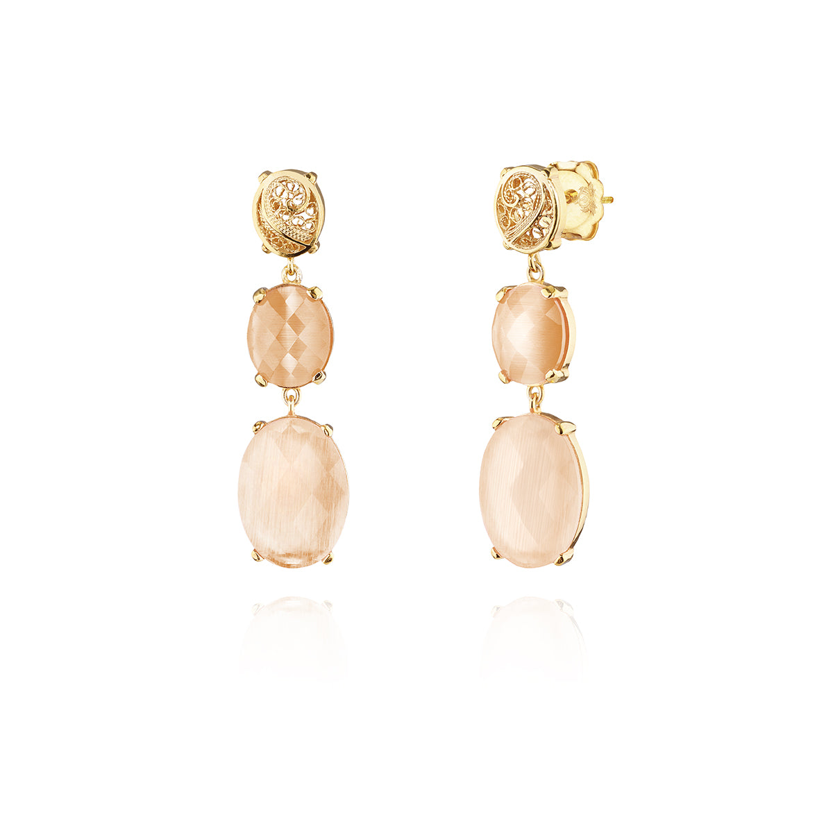 Pendientes con 2 piedras ovaladas de filigrana, oro