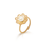 Bague crochet fleur à 8 pétales et perle en or et argent