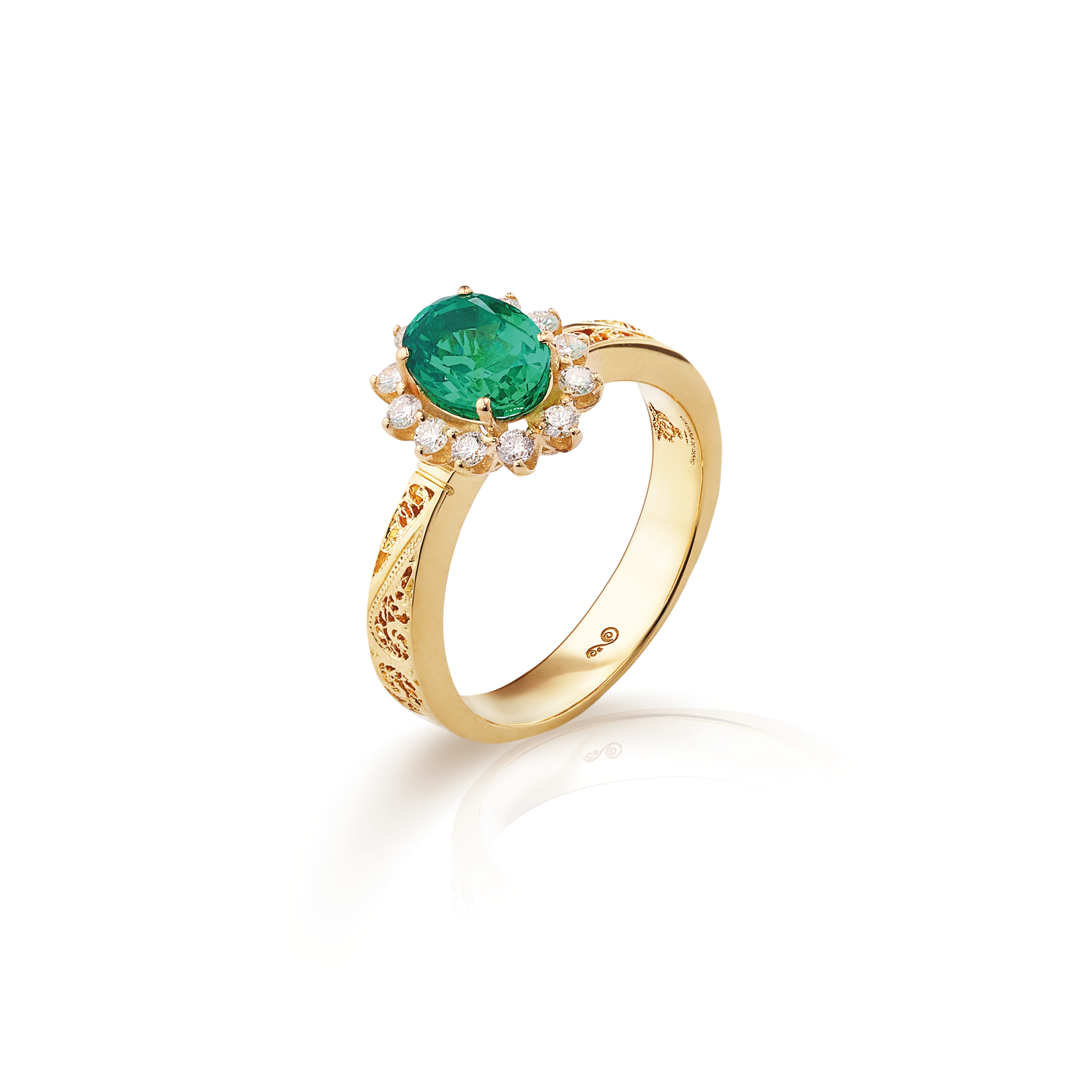 Anel Filigrana Diamantes Ouro Amarelo 0,40 CT + Esmeralda 1,36 CT Joalharia do CARMO